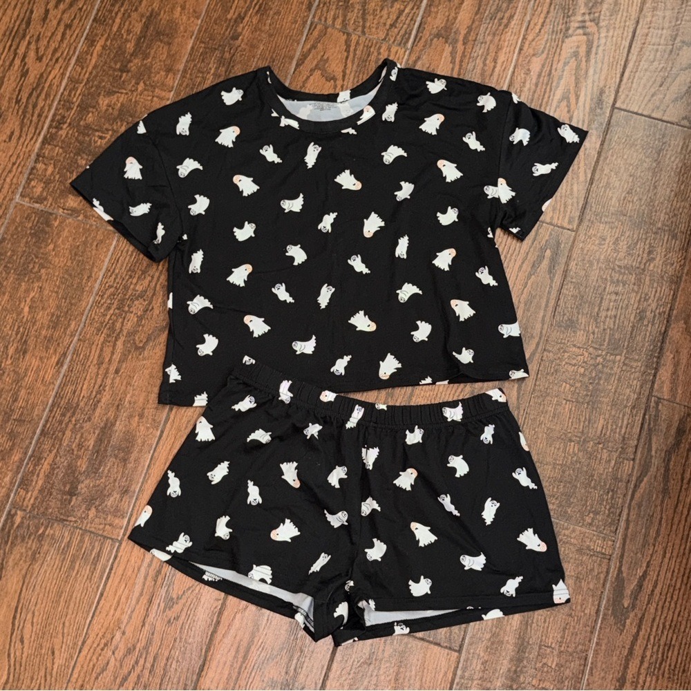 Womens Black White Ghost Print Pajama Set Crop Top Shorts Loungewear Large